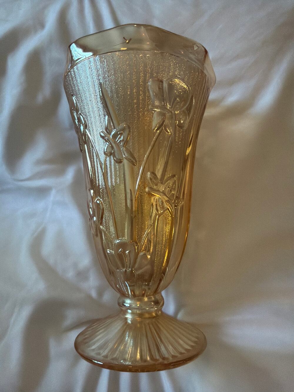 Vintage Jeannette Iris & Herringbone Marigold Carnival Glass Pedestal Vase 11"